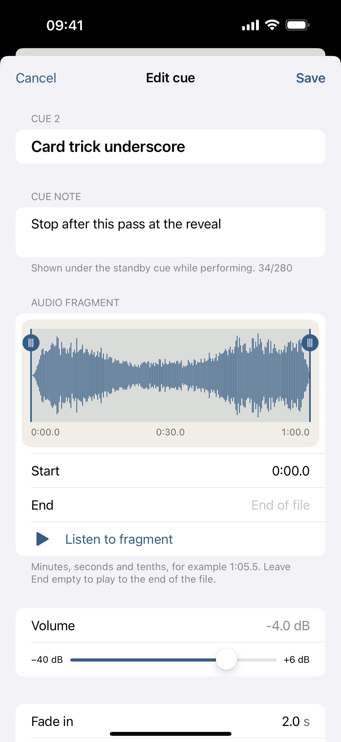 The cue editor with the waveform